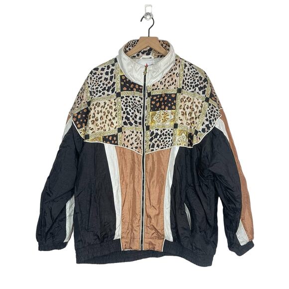 VTG 80s Active Frontier Windbreaker Jacket Plus Size 2X Black Tan Animal Print - Picture 1 of 8